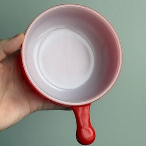 Vintage Red Glasbake USA red Handled Soup Bowl J-314 MCM Bakeware